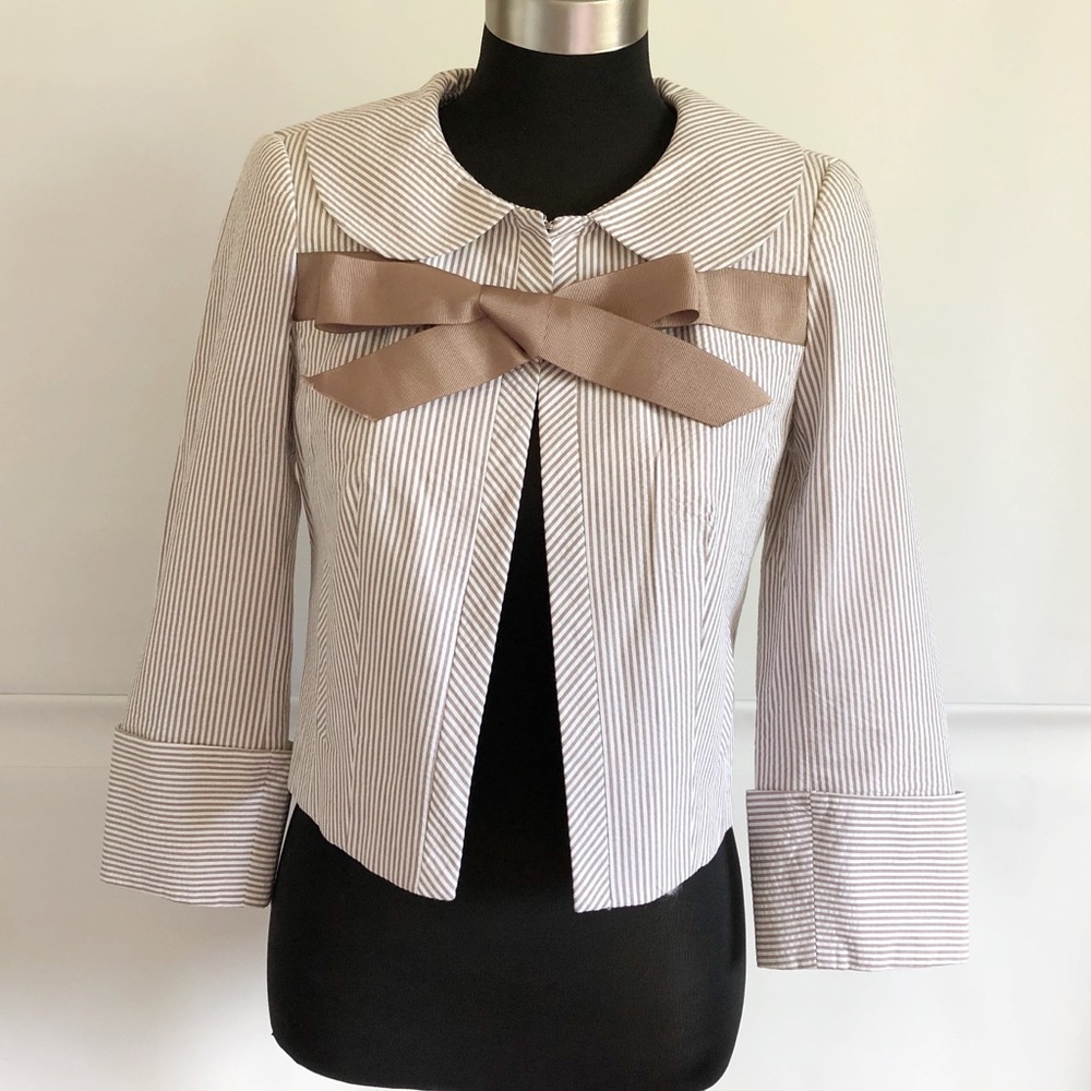 Zara White and Brown Cropped Blazer with Bow Front